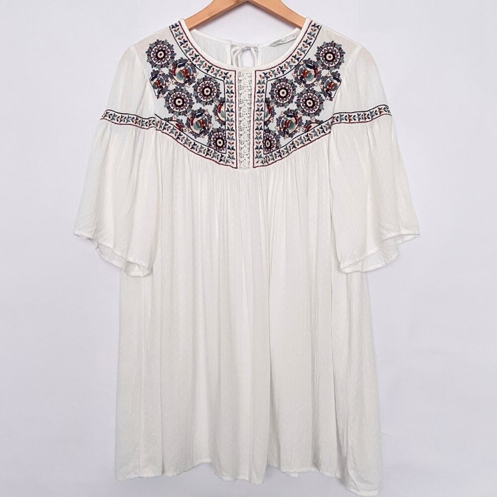 Padini Embroidered Tunic Top Boho Peasant Blouse Flowy Size Medium Multicolored